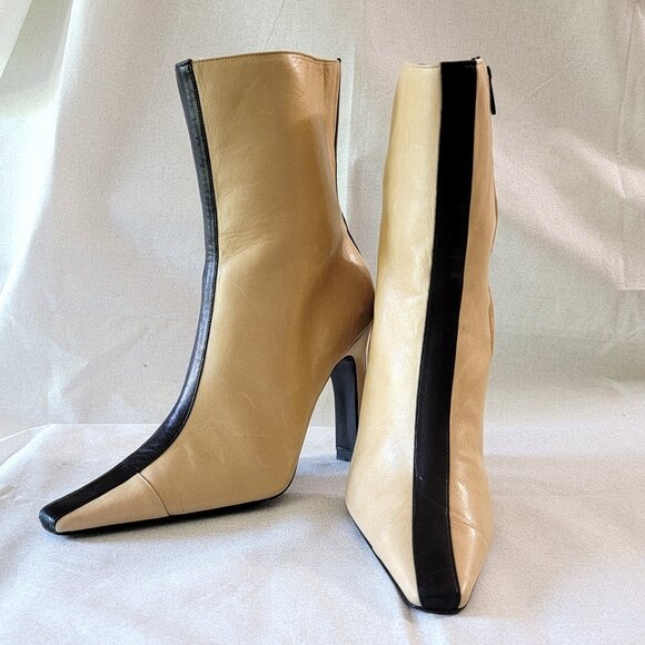 Vintage CHANEL Tan & Black Leather Ankle Boots Size 6.5 - Picture 1 of 12